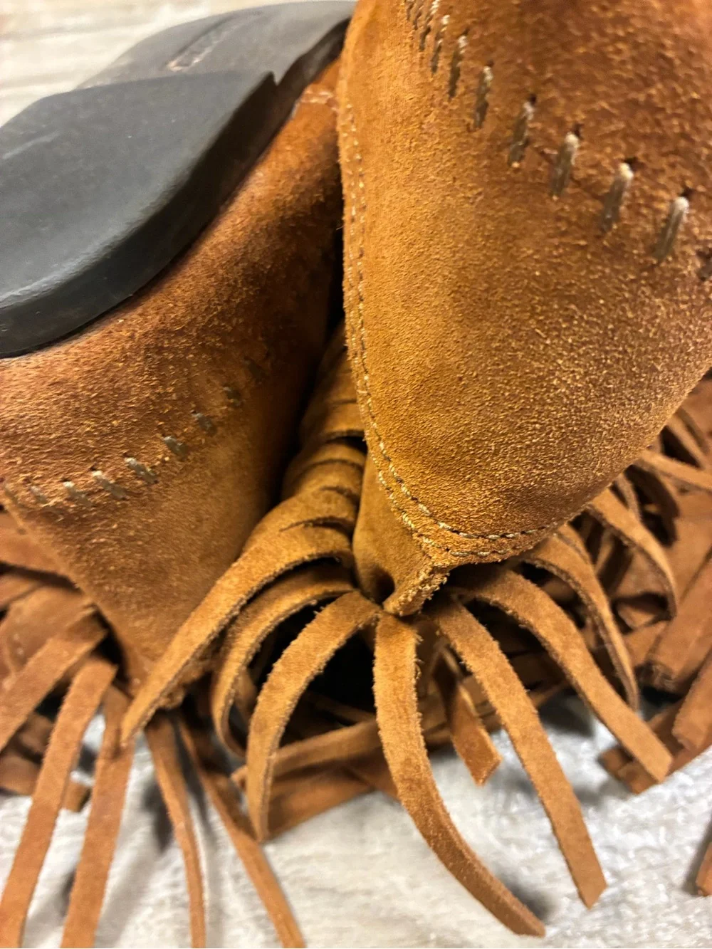 Minnetonka Three Fringe Suede Moccasin Pull On Western Boots Mid Calf